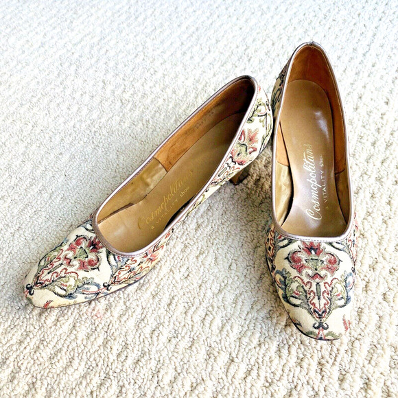 Vintage Mid High Heel Pumps Cosmopolitans Mid Century Tapestry Textile Shoes US9 - Picture 3 of 13